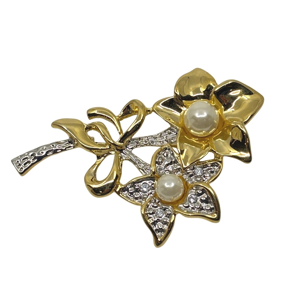 Vintage Two Tone Floral‎ Brooch Faux Pearl Crystal Flower Bow Pin Gold Silver